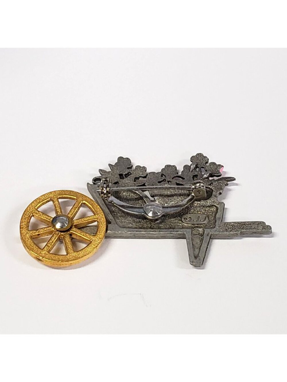 Vintage JJ Jonette Jewelry Wheelbarrow Brooch with Flowers & Gold-Tone Wheel - Picture 2 of 6